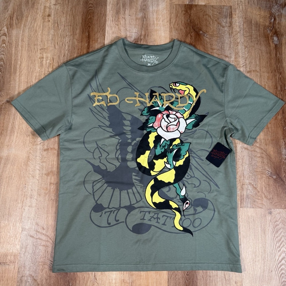 NEW Ed Hardy Tattoo Snake Rose Mens Medium Olive Tee Shirt T-Shirt Y2K